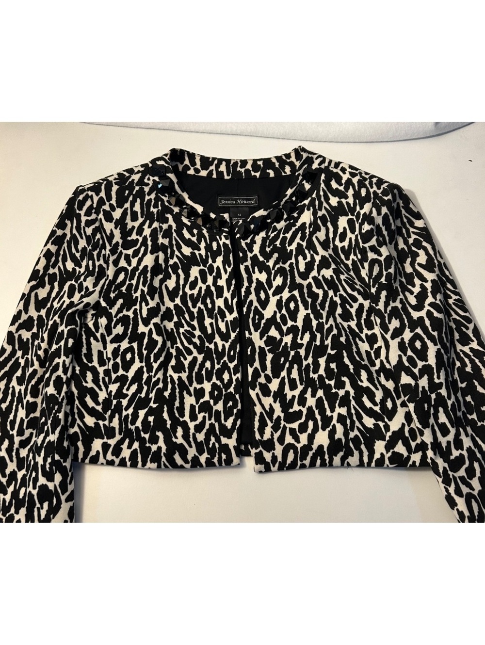 Jessica Howard Leopard Blazer with Rhinestone Neckline